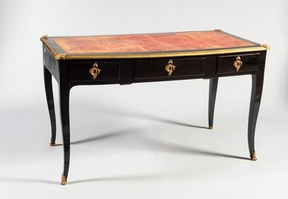 Bureau plat double face en bois relaqué noir....