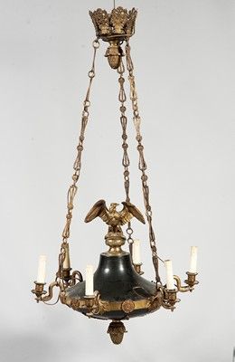 
Lustre en tôle et laiton doré orné de palmettes,...