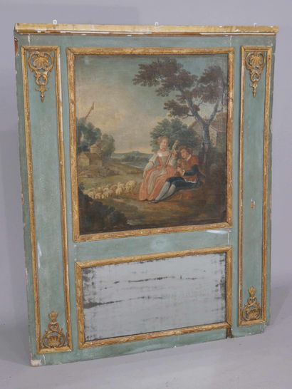 Trumeau en bois et stuc doré et laqué vert,...