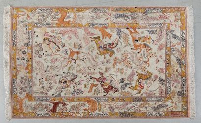 Persian silk carpet with hunting decoration...