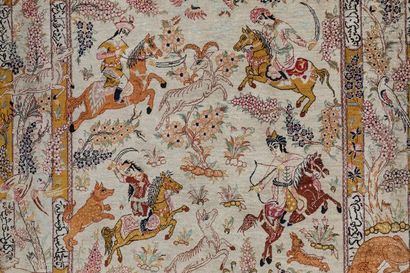Persian silk carpet with hunting decoration...