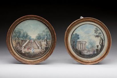 In gilded wood frames of round shape, 2 gouaches...