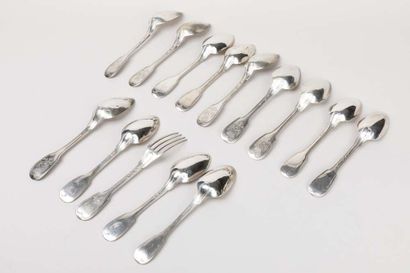Set of thirteen silver spoons, one fork,...