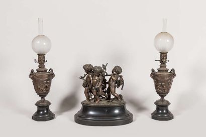 Marble and bronze mantel set decorated with...