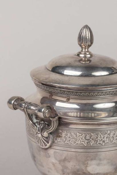 Three pieces of coffee service on pedestal...