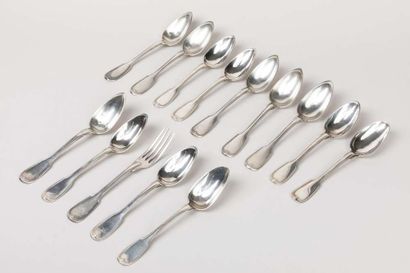 Set of thirteen silver spoons, one fork,...