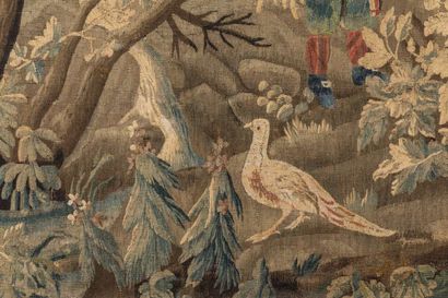 Element of tapestry representing in a wooded...