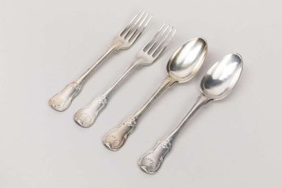 12 silver cutlery items decorated with filets...