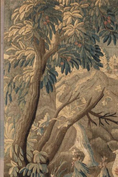 Element of tapestry representing in a wooded...