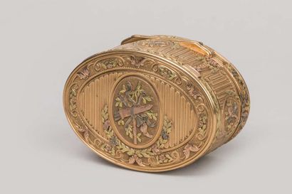 Three-tone gold box of oval shape decorated...