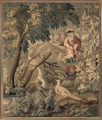 Element of tapestry representing in a wooded...