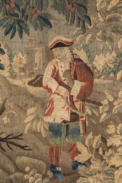 Element of tapestry representing in a wooded...