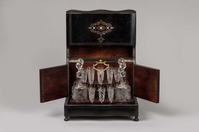 Liqueur cabinet in blackened wood decorated...