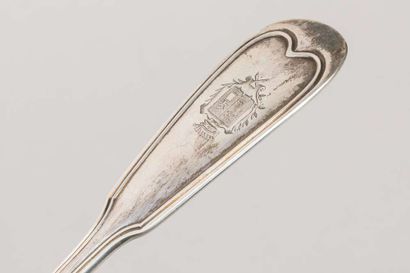 Silver ladle with contoured fillets and armorial...