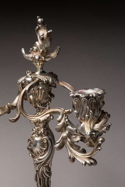 Pair of silver plated candlesticks with rocaille...