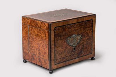 Liquor cabinet in burl veneer and brass marquetry...