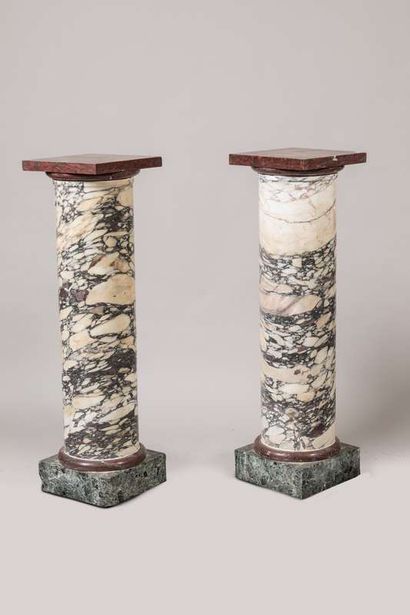 Pair of cylindrical columns in veined white...