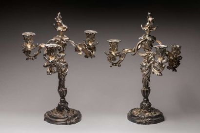 Pair of silver plated candlesticks with rocaille...