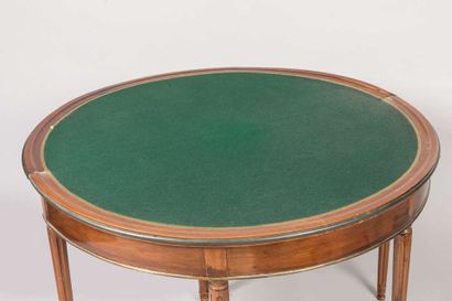Mahogany half-moon game table, brass lingotiere,...