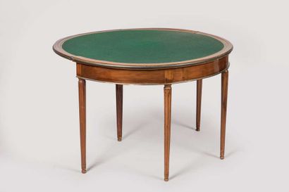 Mahogany half-moon game table, brass lingotiere,...