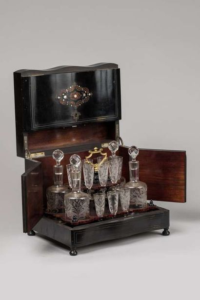 Liqueur cabinet in blackened wood decorated...