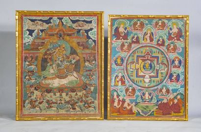 Deux thangkas peints sur toile à décor bouddhiste...
