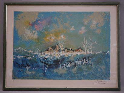 BOUCHEIX François
Village bleu au clocher,
Lithographie,...