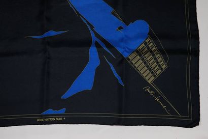 LOUIS VUITTON - Foulard 100 % soie bleu et...