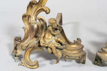 Pair of bronze andirons decorated with loves...