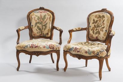 2 cabriolet-backed armchairs in molded and...