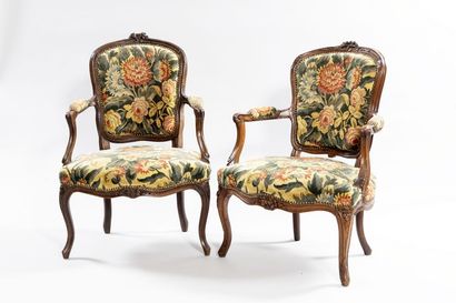 Pair of cabriolet-backed armchairs in molded...