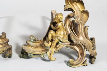 Pair of bronze andirons decorated with loves...