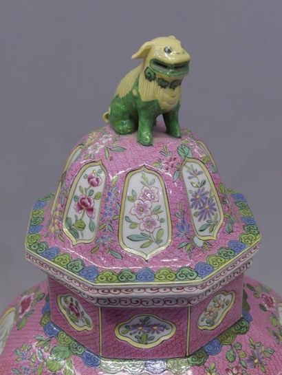 Pair of covered porcelain vases in the famille...