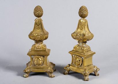 Large ormolu and carved andirons with pyramidal...
