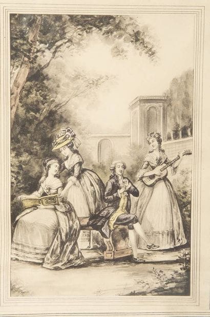 Scène galante, dessin au lavis, 20 x 13 cm...
