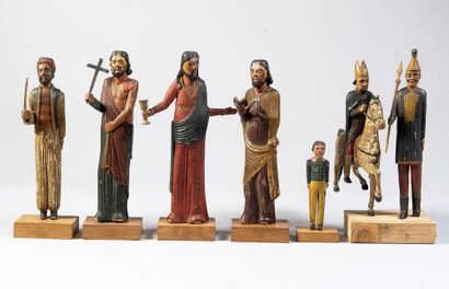 Set of 7 painted wooden statuettes. Folk...
