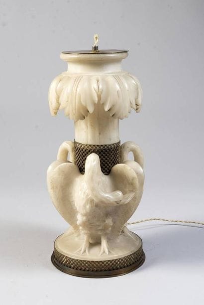 Alabaster lamp mount with brass ring featuring...