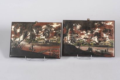 Pair of lacquer panels on wood with animated...