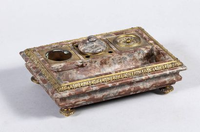 White-veined pink marble inkwell with molded...