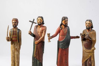 Set of 7 painted wooden statuettes. Folk...