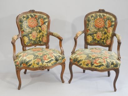 2 cabriolet-backed armchairs in molded and...