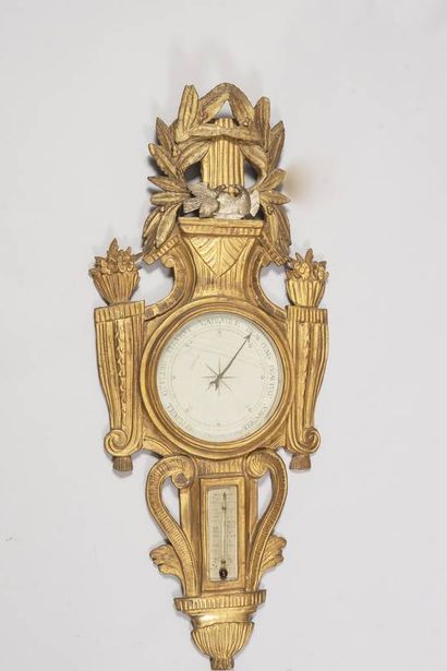 Gilded wood barometer-thermometer with 2...