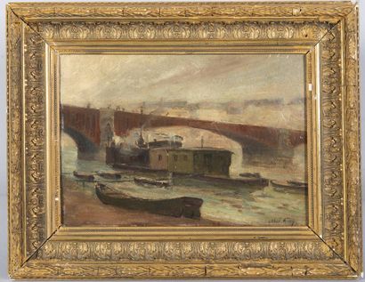 GAY Abel (1877 - 1961) Péniche sur le fleuve,...