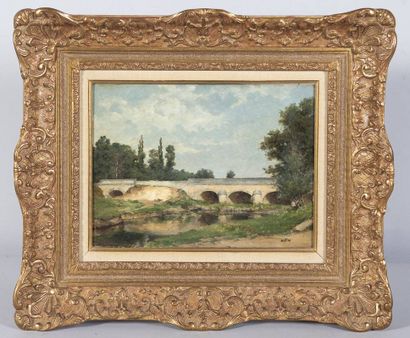 OUTIN Pierre (1840 - 1899) Paysage au pont,...