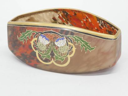 LEGRAS - Enameled glass navette-shaped bowl...