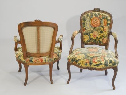 2 cabriolet-backed armchairs in molded and...