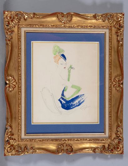 ECOLE MODERNE, 
Elégante aux jumelles,
Aquarelle...