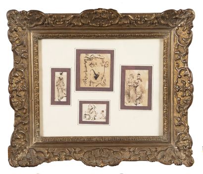 Framing: group of 5 small ink drawings, Characters...