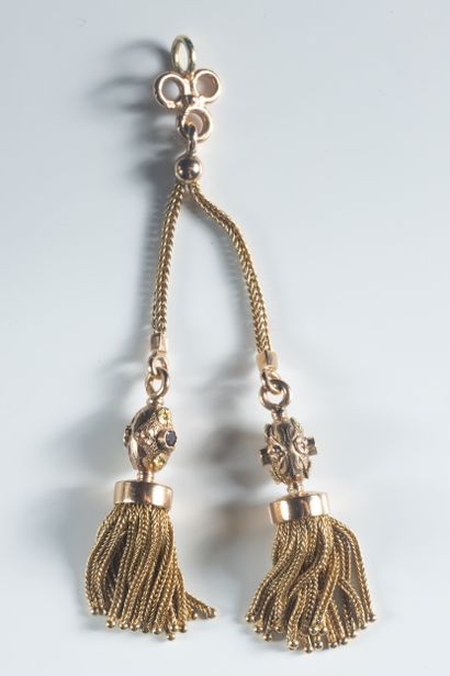 Two fringed tassels dangling from yellow...