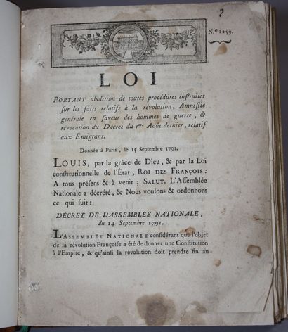 [LOIS SUR LES EMIGRES]. Recueil factice de...